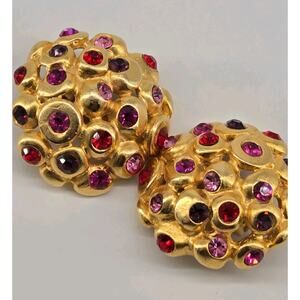 Vtg 90s Glam Ben Amun Gold Plated Large Dome Crystals Designer Clip On Earrings
